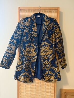 Gold & Navy Brocade Women's Coat - Luxurious Patterned Jacket